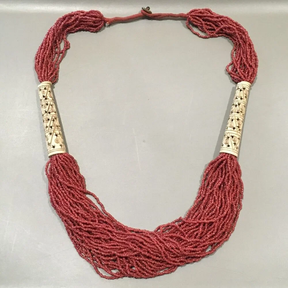 Vtg Coral Color Necklace Multi Strand Seed Beads Tubular Chunky Tribal 20”